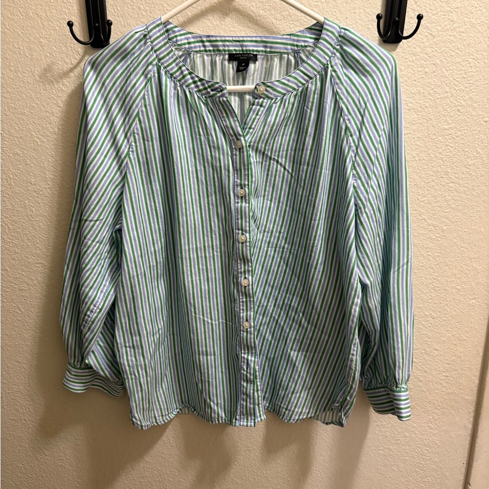 Ann Taylor petite Striped Button-Up Blouse top size M